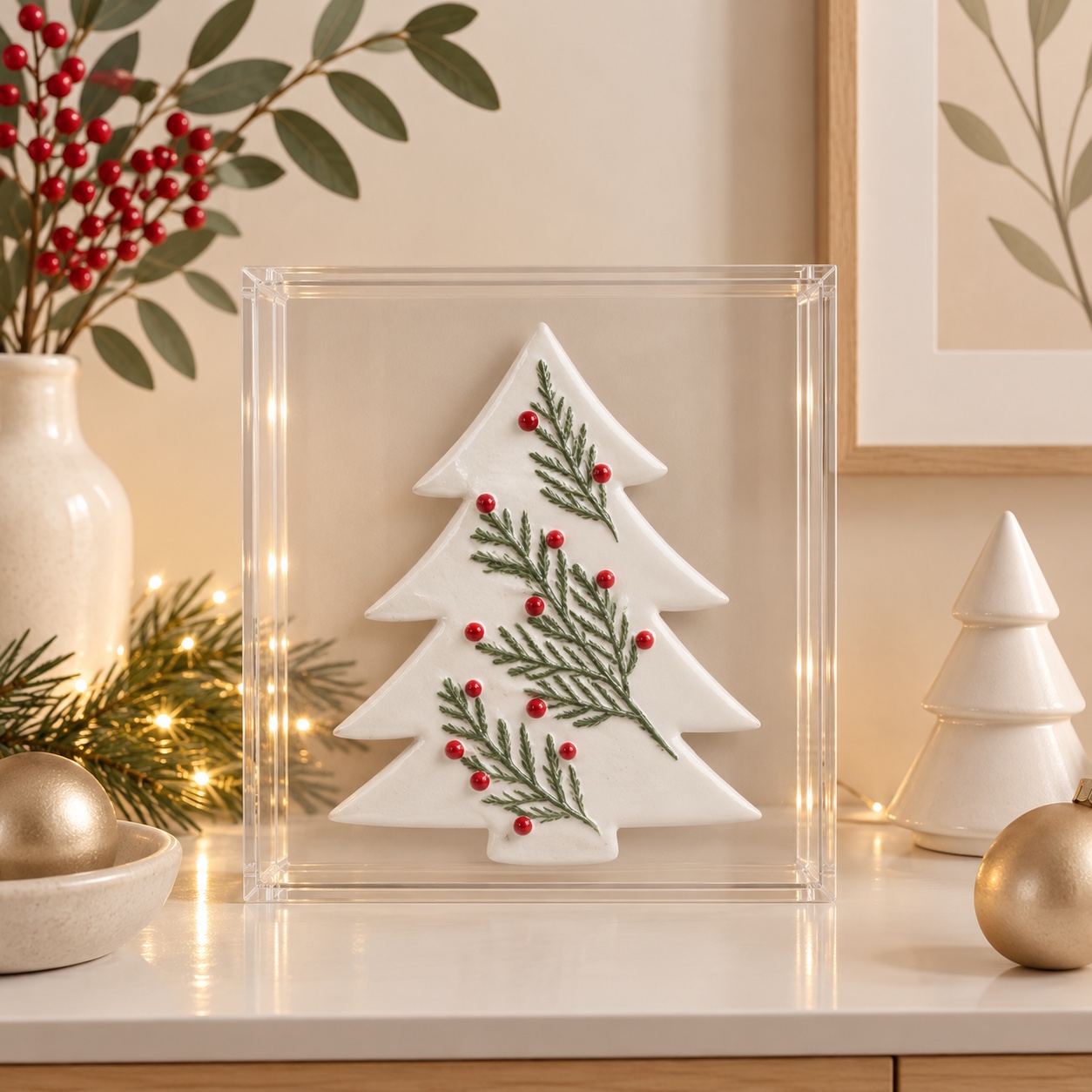 Árvore de Natal em cerâmica dentro de caixa de acrílico