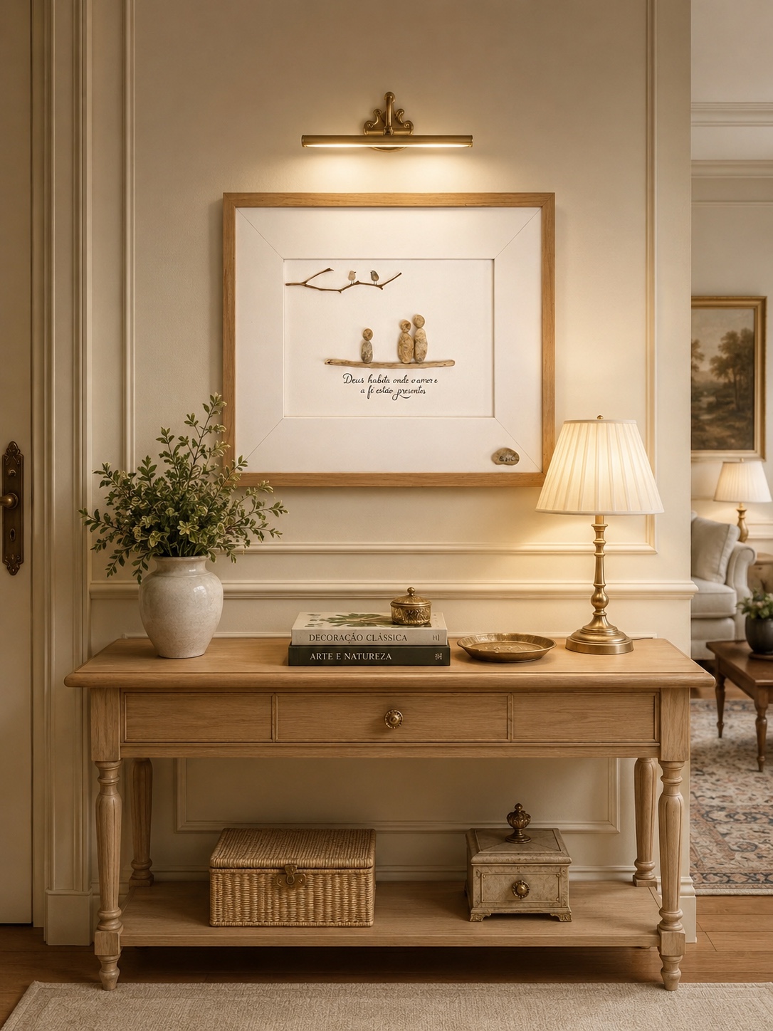 Quadro artesanal de família em seixos, com mensagem de fé, ambientado em decoração clássica