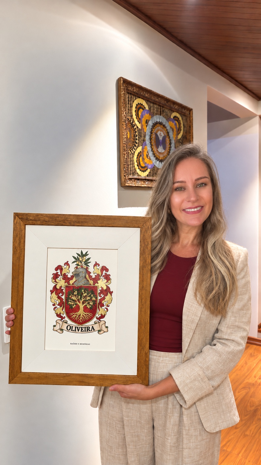 Elis de Oliveira segurando seu quadro artesanal com o brasão Oliveira